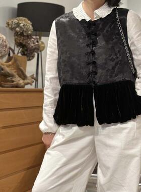 洋气轻奢 复古国风蝴蝶盘扣人丝提花拼丝绒新中式马甲女叠穿上衣