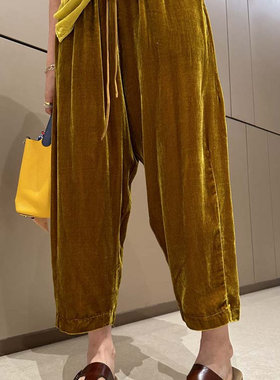 复古高级感垂坠显瘦真丝丝绒松紧高腰宽松阔腿八分奶奶裤休闲裤女
