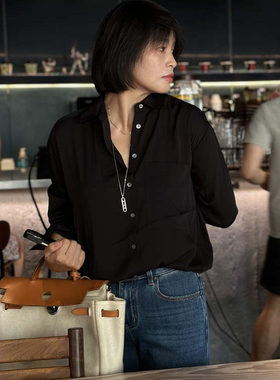 松弛高级感！重磅双乔缎真丝长袖衬衫女气质翻领宽松显瘦黑色上衣