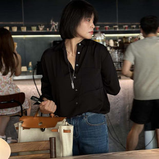 女气质翻领宽松显瘦黑色上衣 衬衫 松弛高级感 重磅双乔缎真丝长袖