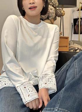 单穿叠穿都好看~拼接镂空花边宽松纯棉圆领长袖卫衣T恤女百搭上衣