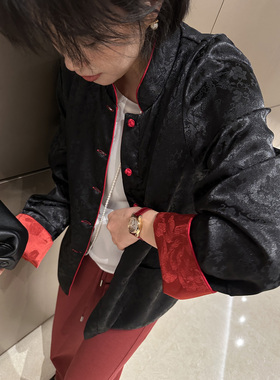洋气新年红~袖口撞色国风龙纹提花中式复古盘立领扣双面穿外套