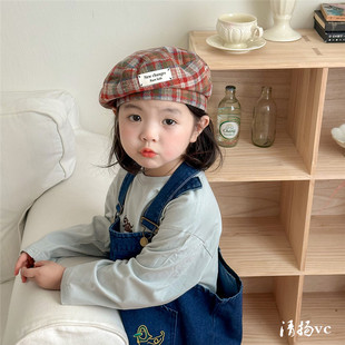 日系复古撞色格子儿童前进帽文艺男女童时尚穿搭时装帽女孩贝雷帽