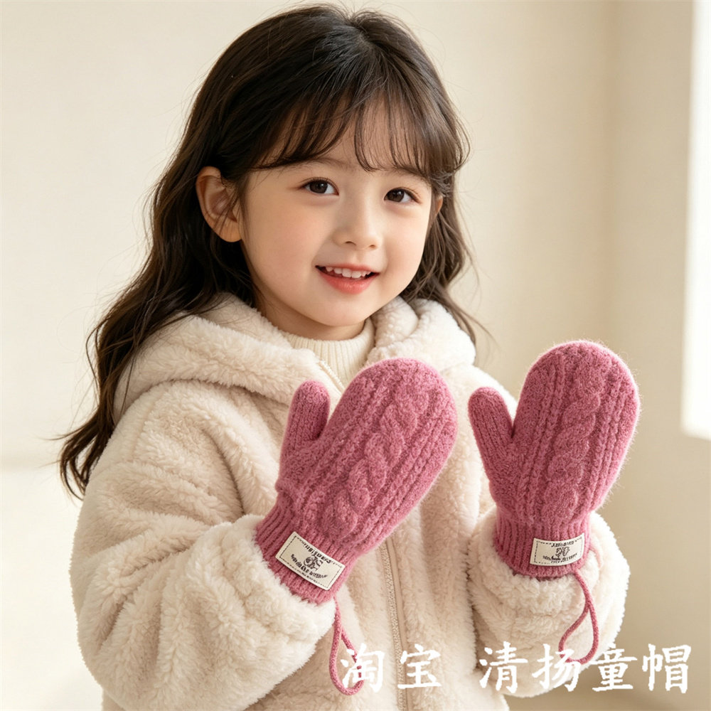 儿童手套冬季保暖针织宝宝连指挂脖手套冬天防寒女童毛线手套百搭