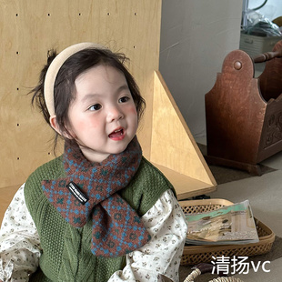 儿童围巾秋冬新款 时尚ins复古小花男童女童交叉脖套保暖宝宝围脖
