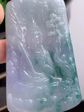 珠宝玉坠挂件缅甸天然a货翡翠老坑冰种紫罗兰飘花文殊菩萨吊坠