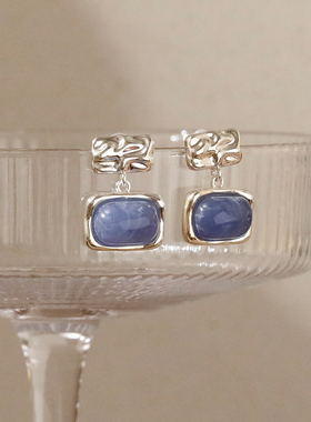 925银针蓝色树脂琥珀纹耳坠小众设计感耳钉独特漂亮耳环耳饰