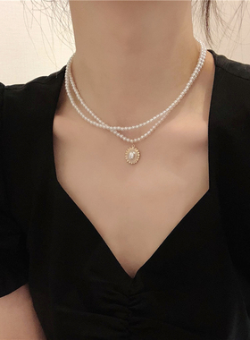 优雅复古法式双层珍珠项链女ins网红锁骨链简约小众设计脖子饰品