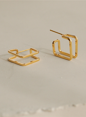 S925银针几何方形耳圈ins冷淡风设计感耳环百搭气质个性耳坠耳饰