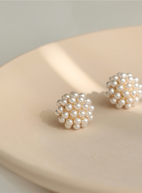 925银针珍珠花苞耳钉百搭超仙耳环女气质韩国个性简约冷淡风耳饰