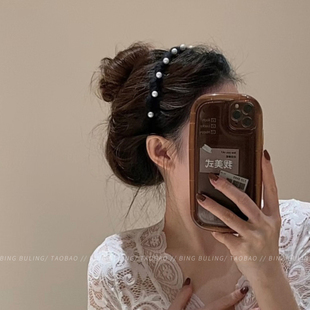 珍珠波浪发箍高颅顶毛线倒插梳发卡女秋冬针织头饰发饰