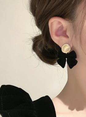 925银针丝绒蝴蝶结大耳环女秋冬夸张耳饰高级感耳坠独特气质耳钉