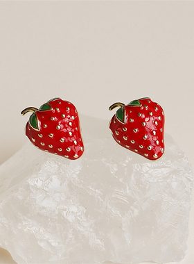 S925银针红色草莓耳环女ins气质长款超仙耳坠耳钉小众网红耳饰品