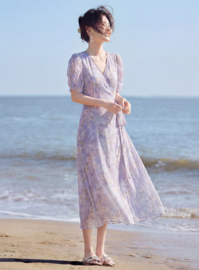 苏醒的乐园法式海边度假风裙子26春夏气质V领碎花短袖连衣裙