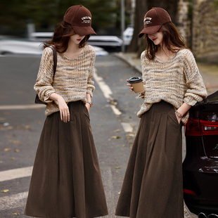 苏醒的乐园知性风套装冬季时尚慵懒针织套头衫A字大摆半裙两件套