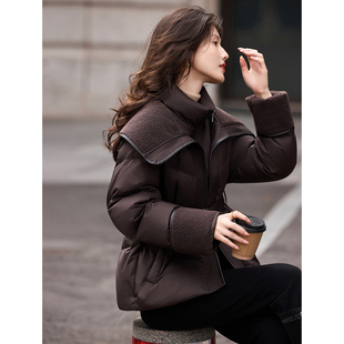 苏醒的乐园90鸭绒冬季仿羊羔毛大翻领配腰带中长款羽绒服外套