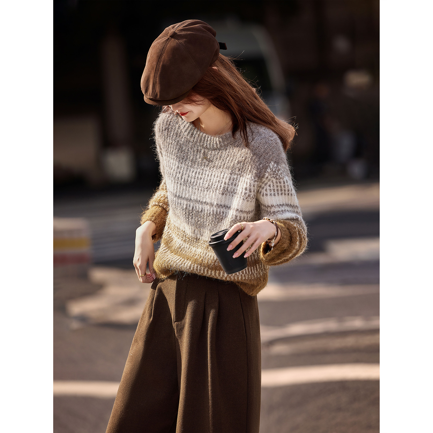 苏醒的乐园复古减龄两件套冬季圆领条纹毛衣套头衫阔腿裤套装