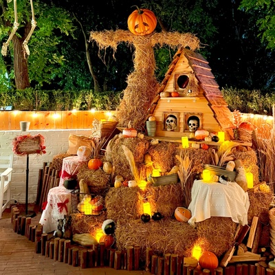 万圣节主题氛围感装饰南瓜草垛稻草造景道具店铺橱窗美陈场景布置