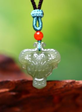 精致和田玉青海料牛头吊坠编织绳古风项坠男女款小众玉石挂件饰品