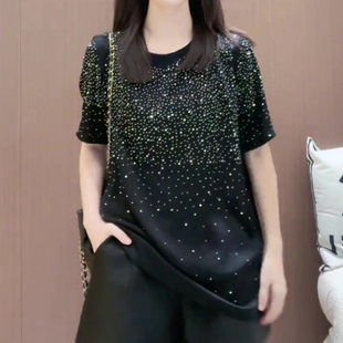 上衣 欧货高端星空点黑色短袖 T恤女2025夏季 新款 设计感亮闪闪大码