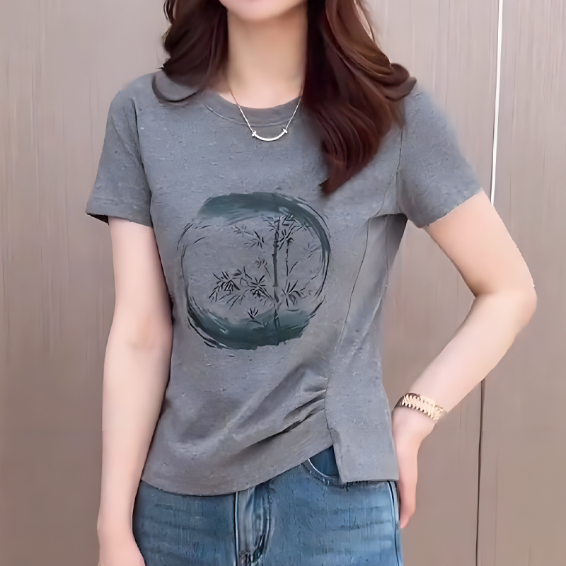 欧货高端圆领设计感不规则下摆短袖T恤女夏2025新款显瘦正肩上衣
