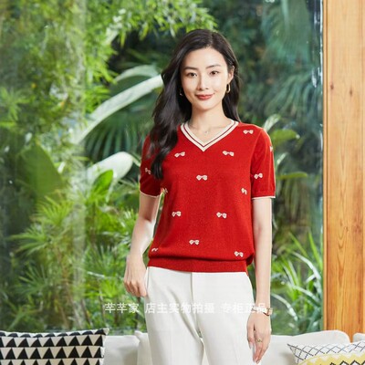 衣贵菲919816v领亮丝天丝短袖女T