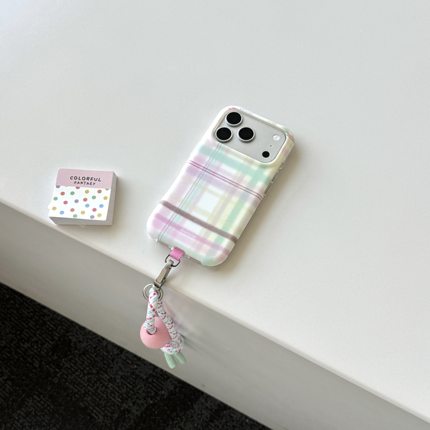 韩系ins风甜美马卡龙撞色格纹适用iPhone17promax手机壳16/15pro圆边带手绳16promax清新少女心15