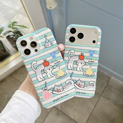 DanDan 新款IMD双层可爱条纹猫咪适用iPhone17promax手机壳16/15pro小清新15萌趣插画
