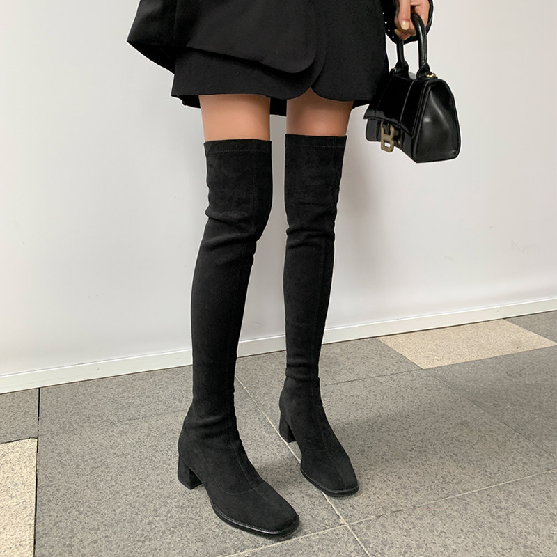 百思妞真皮方头弹力瘦瘦过膝长靴高筒长筒粗跟加绒大码41女靴子43