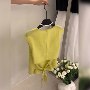 女设计感小众别致绝美上衣夏 新款 时尚 黄色露腰蝴蝶结系带无袖 衬衫