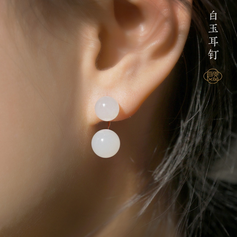 良器艺术  和田玉羊脂玉白玉金镶玉耳钉 女款耳饰