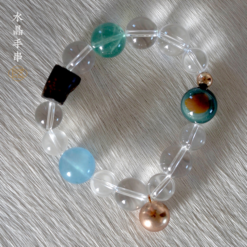 良器艺术7A级白水晶多彩能量手链阿拉善海蓝宝沉香绿萤石多宝手串