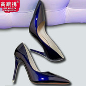 尖头黑色工作单鞋 女漆皮蓝色大码 鞋 欧洲站裸色细跟高跟鞋 红色婚鞋