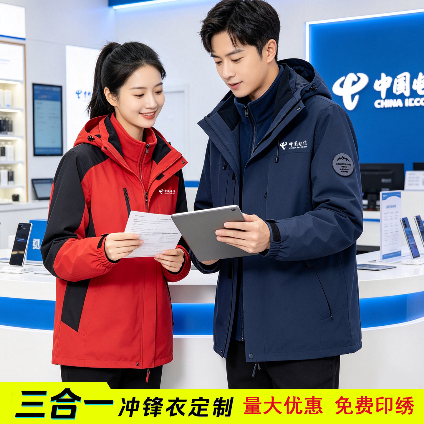 中国电信工作服冲锋衣定制秋冬外套移动联通营业厅工装印绣Logo