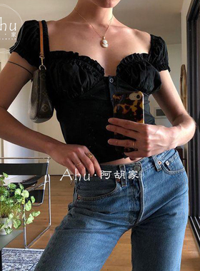 AHU 现货 WithJean风法式少女宫廷复古心型领木耳边全棉上衣