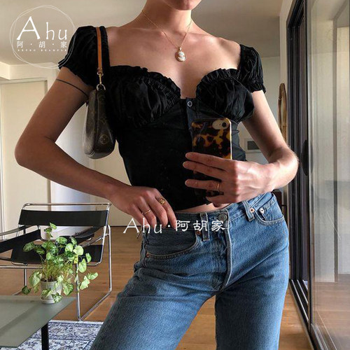 全棉法式复古上衣心型领