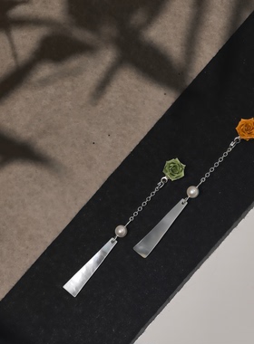 干枯玫瑰耳钉女白色蝶贝耳坠长流苏显脸瘦新中式国风耳环小众耳饰