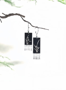 国风兰花耳饰黑色长方形耳坠无耳洞蚊香盘耳夹原创复古新中式配饰