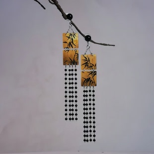 竹叶子耳环长流苏方形仿手绘新中式耳坠原创设计复古国风书法耳饰