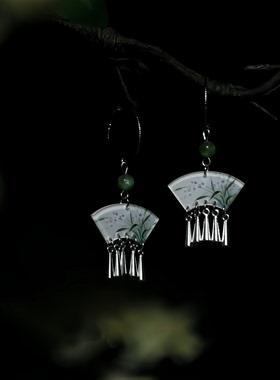 国风兰花耳环925银耳坠新中式扇形流苏耳饰配蓝色旗袍马面裙饰品