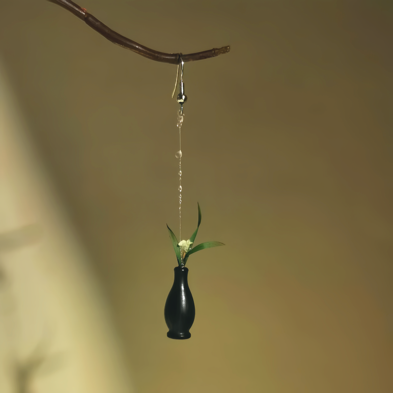 兰花花瓶耳环禅意新中式国风黑檀木耳坠小众设计925银防过敏耳饰