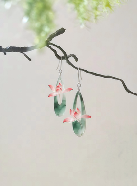 不对称粉绿花朵耳环原创设计国风长水滴形显瘦耳环方圆脸汉服耳饰