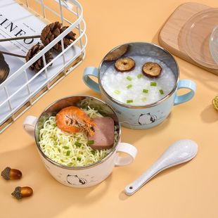 创意小猫不锈钢碗隔热防摔双层碗宝宝吃饭碗家用面条碗米饭碗带勺