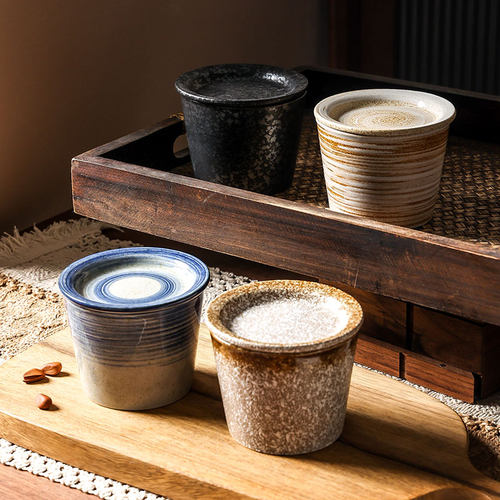 复古陶瓷主人杯粗陶迷你杯日式茶杯带盖咖啡杯小杯子猪口杯宅寂风