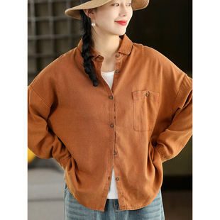 柒白2026春季新款文艺复古炒色纯麻衬衫女款长袖翻领显瘦开衫上衣