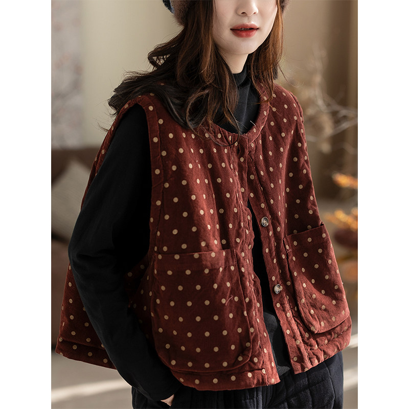 柒白2025秋冬新款文艺波点全棉灯芯绒夹棉马甲宽松保暖叠穿坎肩女