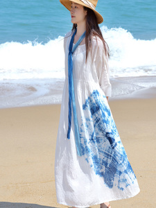 柒白手工扎染苎麻连衣裙女夏季新款大码宽松棉麻植物蓝染仙女长裙