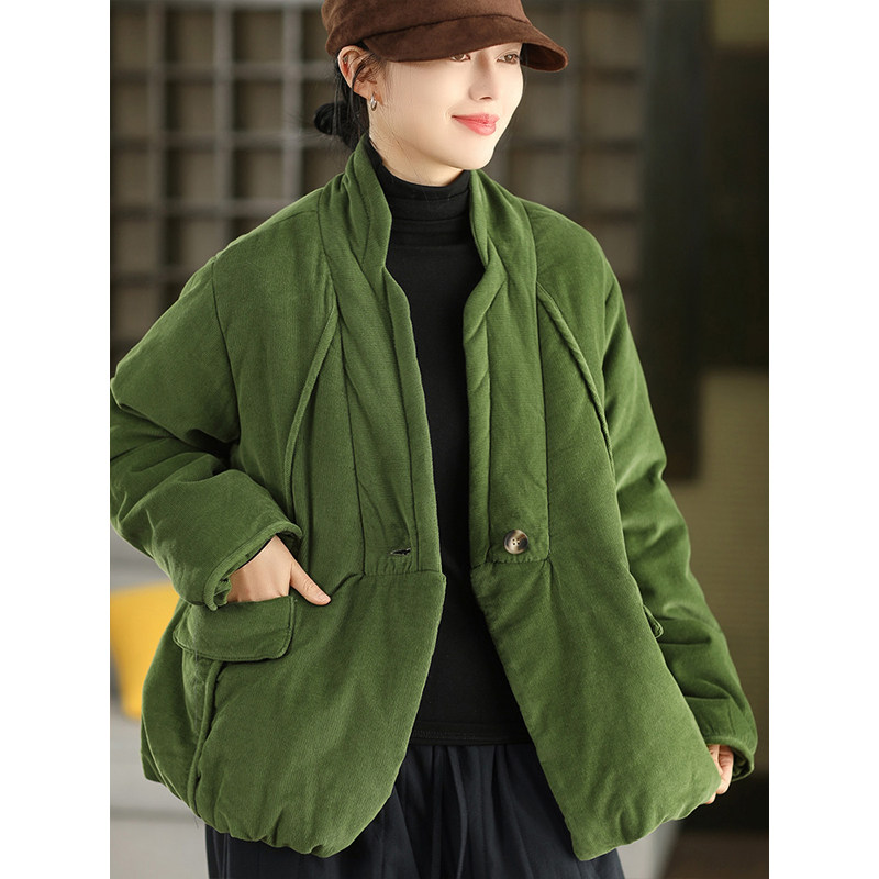 柒白冬季文艺灯芯绒夹棉保暖棉衣