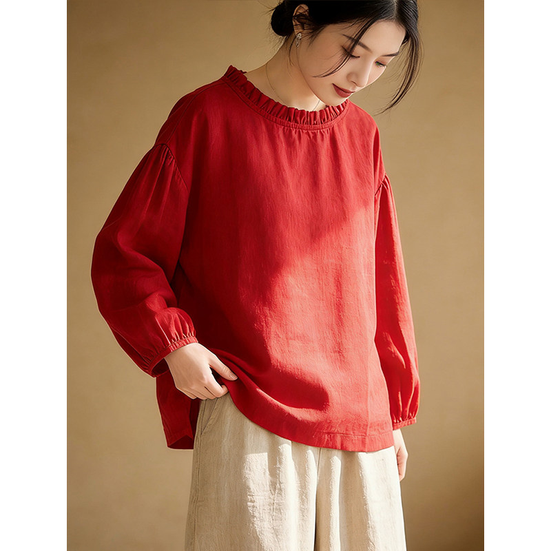 柒白2026春季新款文艺秀气木耳领高档亚麻小衫简约宽松显瘦套头衫