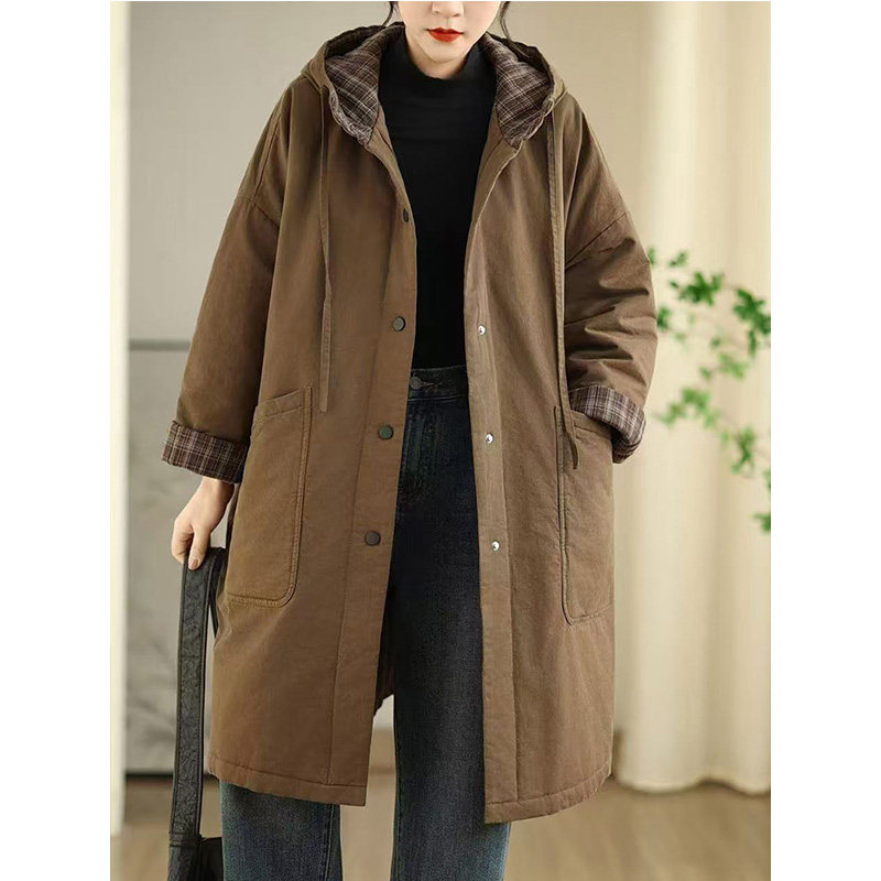柒白秋冬格子拼接加厚夹棉外套